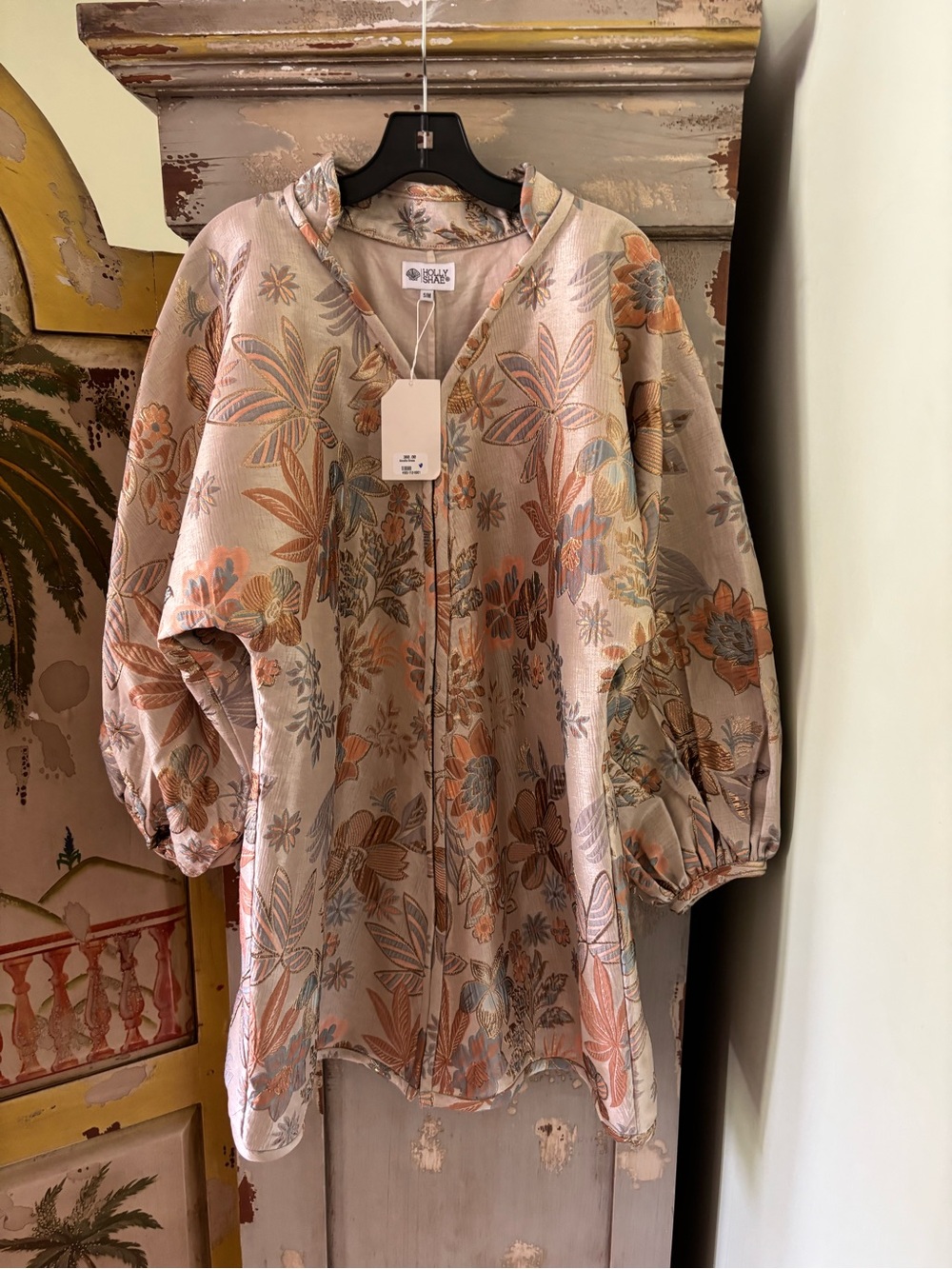 Floral Jacquard Mini Dress in Soft Beige, Champagne, and Peach